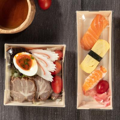 China Light Biodegradable Disposable Biodegradable Wooden Sushi Food Grade Packaging Box With Clear Plastic Lid for sale