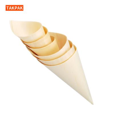 China Sustainable Biodegradable Wooden Food Pine Chips Leaf Cone Disposable Eco-friendly Take Out Cone Box Packing Wooden Sushi Roll for sale