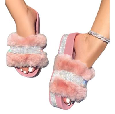 China Lady Outdoor Sandals Bling Diamond Slides Rhinestone Plush Thick Unique Slippers Fashion Trend Faux Fur Women Shoes Platform for sale