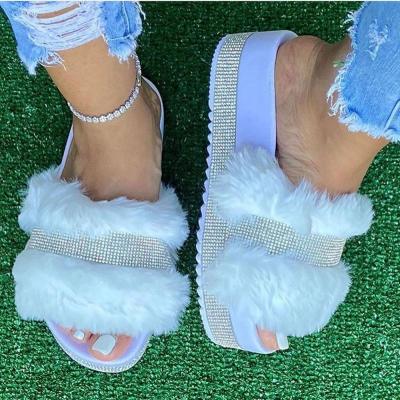 China Outdoor Women Lady Fur Slippers For Bling Platform Shoes Women Faux Fur Fashion Trend Unique Slippers Diamond Slides Rhinestone Plush Thick for sale