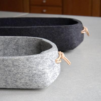 China Sustainable Handmade Japanese Inspired Simple Desk Organizer in Felt Wool - White Basket with Leather Toggles for sale