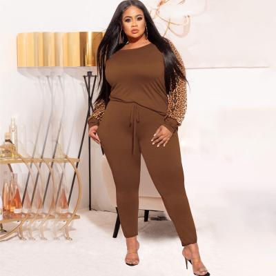 China 21279 Breathable Fashion Contrast Leopard Print Color Casual Two Piece Long Sleeve Suit Plus Size Women's 2pcs Set for sale