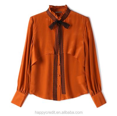 China Custom OEM Anti-pilling ODM Fashion Casual Women's Pure Silk Shirt with Lace Bow Tie in Orange for sale