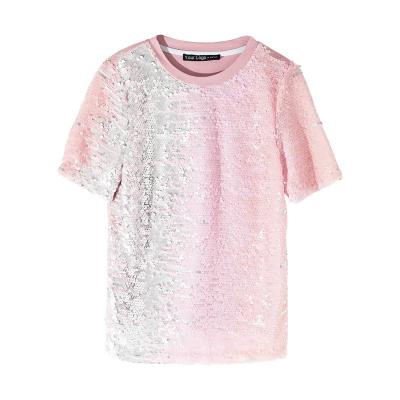 China 3 Tone Ombre T-Shirt Women Breathable Silver Pink Beige Sequin Tops With Short Sleeves for sale