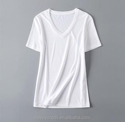 China Custom 100% Cotton V-Neck Anti-Pilling Short Sleeve Tank Top Women Slim Fit White Plain T-Shirts for sale