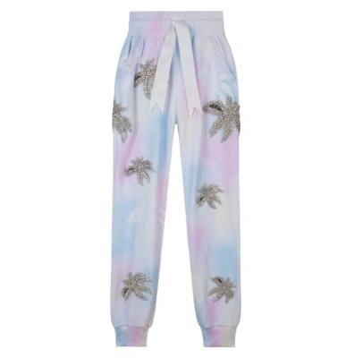 China Fashion Crystal Palm Trees Anti-pilling 100% Cotton Fleece Pants Girls Tie Dyed Joggers for sale