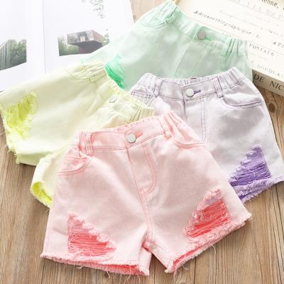 China Color Fade Proof 2021 summer girls denim shorts outside the color wearing children's candy girls shorts for sale