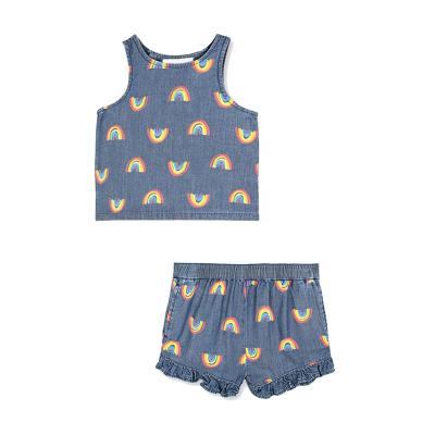 China 100% Cotton Denim Crop Candy Top Ruffles Rainbow Printed Shorts Set Girls Dressing Sets For 3-10 Years Old for sale