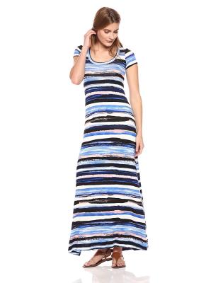 China Colorful Short Sleeve Womens Summer Maxi Dresses Striped Printing Gypsy Maxi Dress for sale