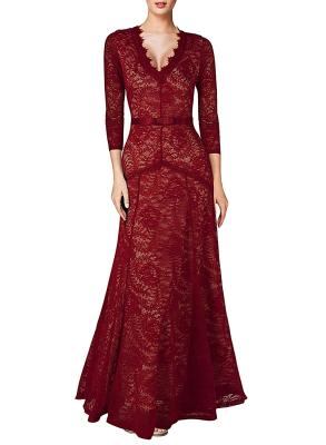 China Women V Neck 3 4 Sleeve Maxi Dress , Burgundy Long Lace Maxi Dress For Party for sale