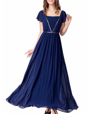 China Elegant Chiffon U Neck Womens Summer Maxi Dresses Royal Blue Flare Sleeves Big Sweep for sale