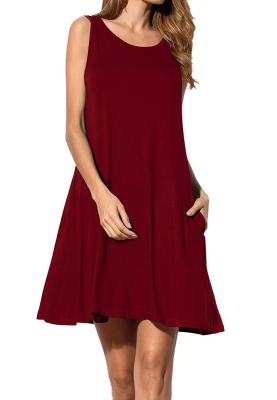 China Burgundy T Shirt  Style Womens Casual Summer Dresses With Pocket for sale