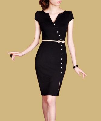 China Functional Buttons Midi Office Dress , V Neck Black Velvet Bodycon Dress For Women for sale