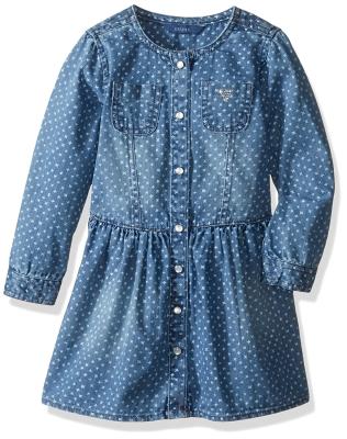 China Stars Printed Blue Kids Denim Dress , Round Neck Girls Long Sleeve Shirt Dress for sale