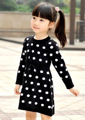 China Polka Dots Jacquard Knit Little Girls Winter Dresses Full Sleeve 4 Year Old Girl Clothes for sale