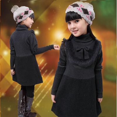 China Uneven Grey Turtleneck Little Girls Winter Dresses With Bow 5 Year Old Girl Clothes for sale