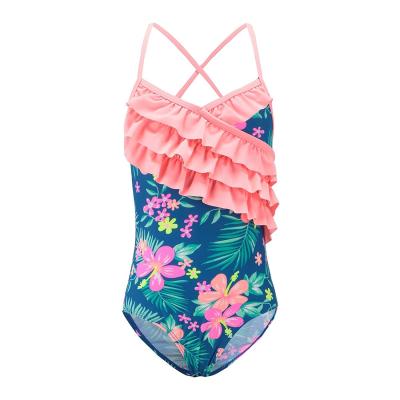 China Floral Prints Pink Ruffles Little Girl Swimsuits , Spaghetti Strap Swimsuit Summer Design for sale