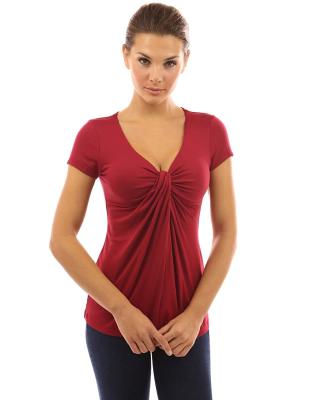 China Womens smocked pleated neck front soft summer casual tops tshirt for sale