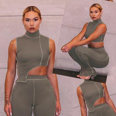 China New Breathable Women's Casual Wear Cut Top Stacked Flare Pants High Waist Gray Set Fashion Two Piece Set for sale