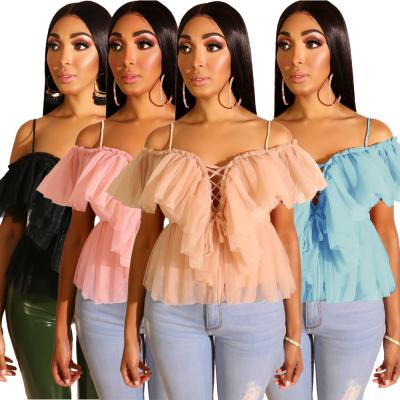 China Breathable Apparel Casual Chiffon Tops Solid Color Off Shoulder Women Mesh Women Tops for sale