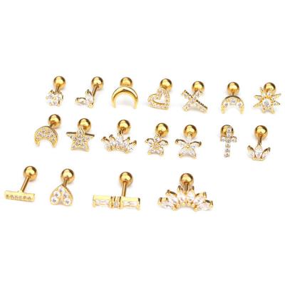 China FASHIONABLE Zircon Flower Star Moon Heart Crown Silver Cartilage Ear Jewelry Stainless Steel Gold Piercing Stud Earrings for sale