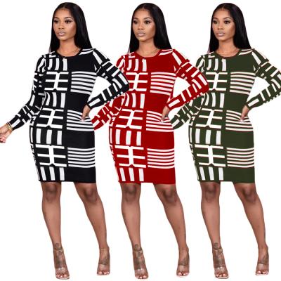 China Breathable Supplier Autumn Clothing Stripe Printing Women Long Sleeve Casual Bodycon Dresses for sale