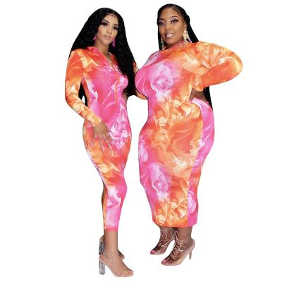 China Newest Design Anti-Static Clothes Long Sleeve Tie Dye Printing Casual Wear Knitting Plus Size Women's Dresses for sale