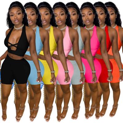 China 2021 Hot Women's Summer Suit Fashion Solid Color Bandage Bodycon Motorcycle Shorts QUICK DRY Fit Women's Two-Piece Wear for sale