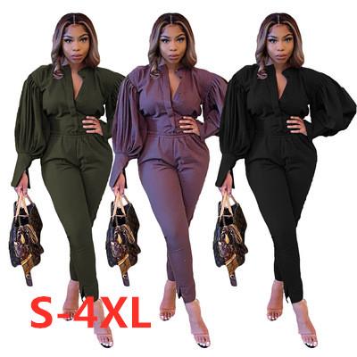 China Autumn Puff Sleeves For Comfortable 2021 Long Waist QUICK DRY Plu Pants Solid Color Open Two Piece Suit Sports Pants Sets for sale