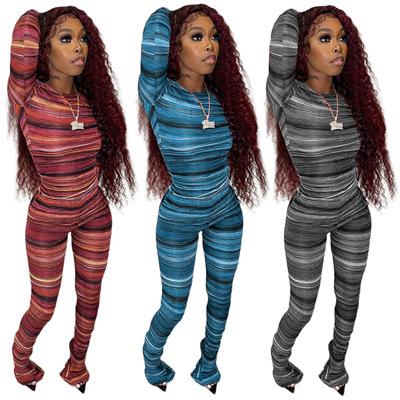 China Breathable Clothing Supplier 2022 Casual Winter Sets Flares Stripe Pants Women Two Piece Sets for sale