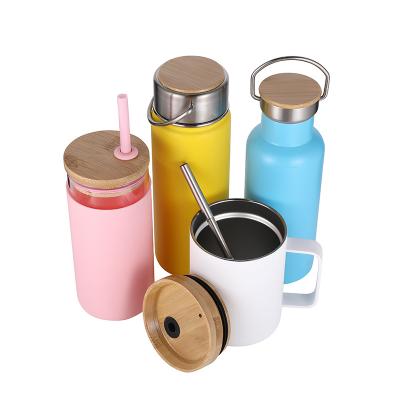 China Bamboo Sustainable Water Bottle Flask Vacuum Insulated Wide Mouth Stainless Steel Water Bottle With Handle Wide Mouth Bottle Lid for sale