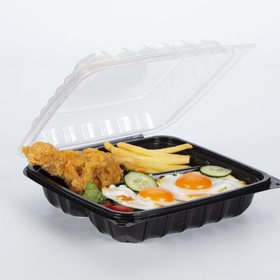 China New Arrival Anto Fog Microwavable Polystyrene 9x9x3 Compartment Black Microwavable Bento Boxes Clear Hinged Lid Disposable Food Container for sale