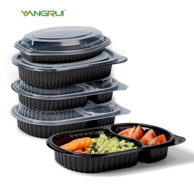 China 2 Compartment Microwavable Black Food Box Lunch Takeaway Packaging Leakproof Disposable Microwavable Plastic Food Container for sale