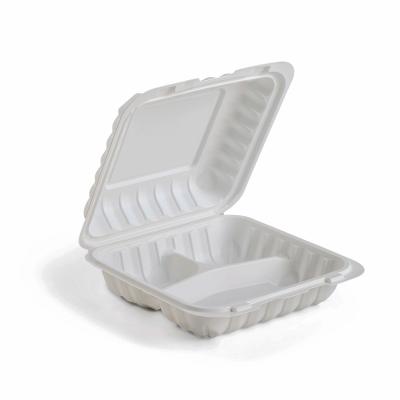 China Mfpp Biodegradable Microwavable Mineral Food Clamshell Disposable Take Out Container Stackable Hinged Lid To Go Containers for sale