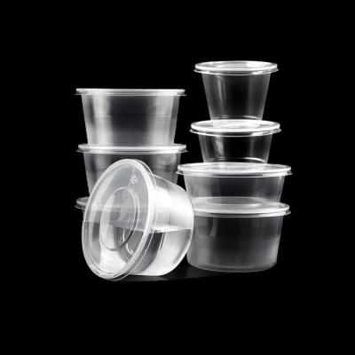 China Eco-friendly 280Ml 300Ml 500Ml Disposable Black Clear Sauce Cups Round Food Grade PP Plastic Grocery Sauce Containers With Lid for sale