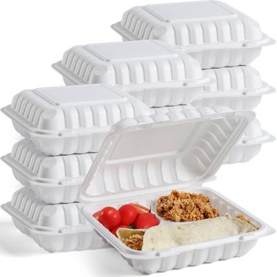 China Recycled Materials Wholesale 9x9x3 Inch To Vanish PP Mineral Filled Microwave Hinged Lid Food Container With 3 Compartments For Restaurant Packaging for sale