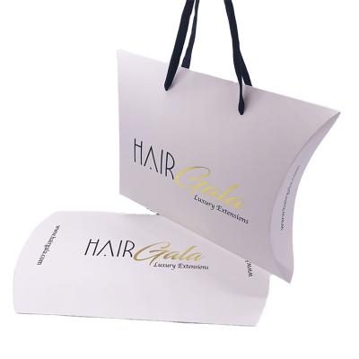 China Handmade Matte White Custom Logo Pillow Box Hair Extension Foldable Packaging With Rope Handle Paper Wig Bag for sale