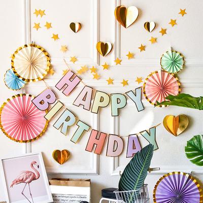 China Toy Amazon Hot Sale Happy Birthday Party Decoration Flower Fan Paper Promotional Flag Set For Birthday Decoration for sale