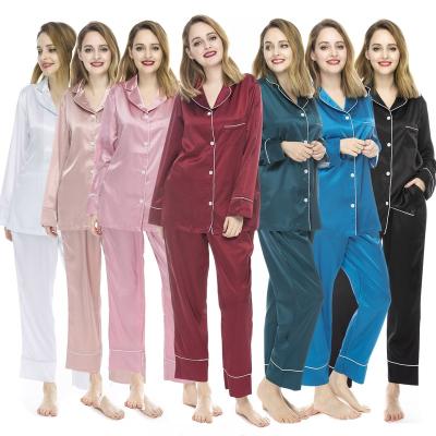 China Women's Breathable Satin Comfort Silk Long Sleeve Pajamas Set for sale