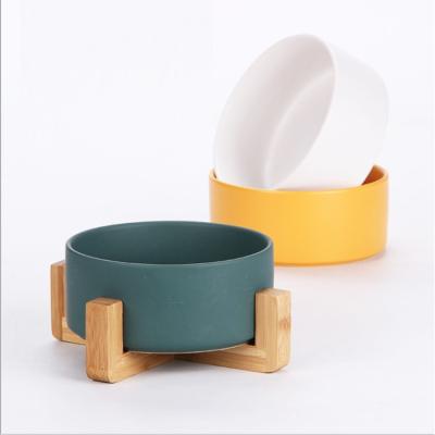 China Automatic Pet Cat Bowl Wooden Shelf Cat Dog Food Bowl Pet Ceramic High Feeder for sale