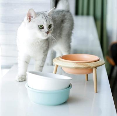 China High Quality Detachable Automatic Pet Food Feeder Wooden Frame Matted High Ceramic Bowl with Stand for sale