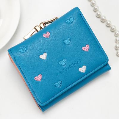 China Wholesale 3 Fold Short Korean Multifunctional Wallet Version Card Lady Wallet Love Heart Design Wallet for sale