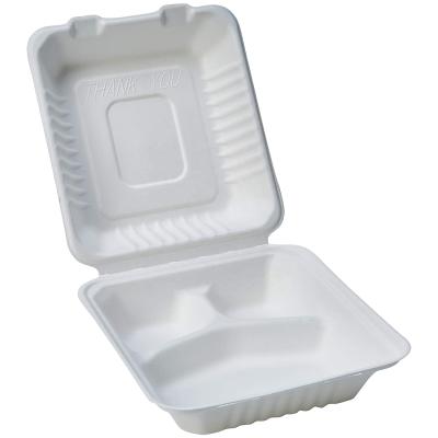 China Compostable Environmental Eco - Friendly Bagasse Sugarcane 3 Compartment Clam Shell Container for sale