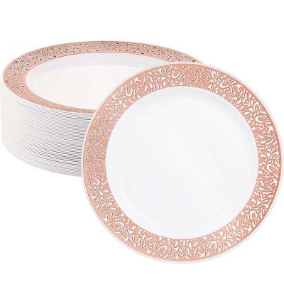 China Disposable Gold Tableware Set Gold Lace Plastic Plates Plastic Silverware Dish for sale