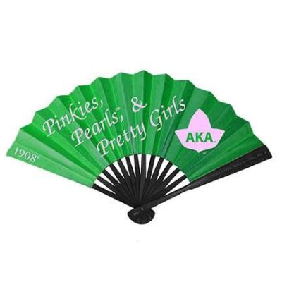 China Folk Art Fabric Custom Plastic Ribs Polyester AKA SORORITY Hand Fan for sale