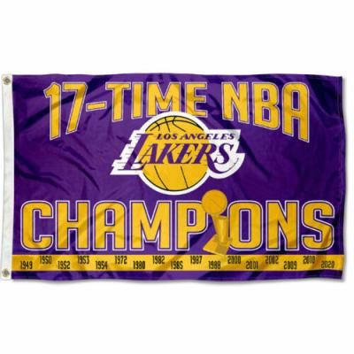 China Custom Flying 3*5ft Los Angeles Lakers 17 Time Champion Sleeving Flag With Dual Sleeving Guns for sale