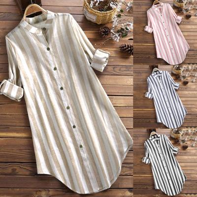 China Wholesale Breathable Turn-Down Collar Shirt Fashion Printed Striped Mid Length Blouse Cotton Straight Linen Shirt for sale