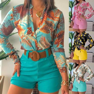 China Breathable autumn new print shirt rose flower long sleeve shirt women blouse color top plus size women shorts fashion suits set for wom for sale