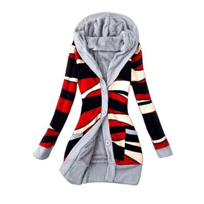 China 2021 Women Fall Breathable Casual Casual Winter Printing Cardigan Fashion Color Coat Long Sleeve Knitted Striped Thickening Hooded Jacket for sale