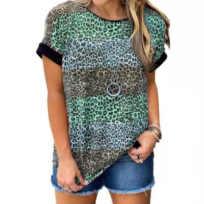 China 2021 Summer Women's Top Striped T-shirt Leopard Color Printing T-shirt Fashion Wholesale Breathable Short Sleeve for sale